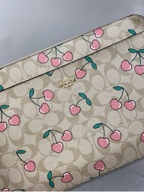 Coach Beige Signature Cherry Pouch with Pink & Green Accents